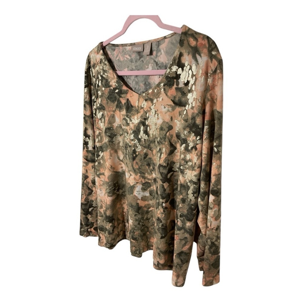 Chicos Floral V Neck Top Size 3 XL Metallic Detail Blouse